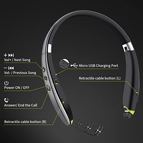 2024 Enhanced Neckband Bluetooth Headset: Retractable Earbuds with Advanced Noise Cancelling, Foldable Wireless Headphones for Sports & Office – Superior Audio Quality with Built-in Mic and Travel Case