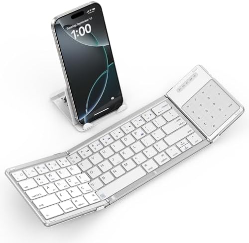 SODI Portable Foldable Wireless Keyboard with Touchpad – Rechargeable Travel-Friendly Keyboard for Mac, i Pad, and i Phone – Includes PU Leather Cover and Stand Holder for Enhanced Productivity on the Go