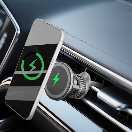 15 W Magnetic Car Mount Charger with 360° Adjustable Arm – Versatile Mag Safe Phone Holder for Dashboard, Windscreen & Vent Installation – Quick Power-Up for Enhanced Compatibility & Hands-Free Navigation