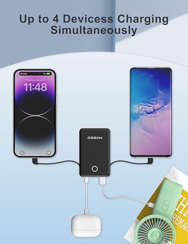 Ultra Slim 6000 m Ah Power Bank with Built-In USB C Cords – Card-Sized Portable Charger for Effortless On-the-Go Charging, Triple Output for i Phone, Samsung, Google Devices – Stylish and Compact Battery Pack for Enhanced Efficiency and Versatility