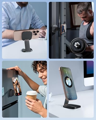 Dual Magnetic Phone Stand for Desk,Adjustable Aluminium Phone Holder for MagSafe,Foldable and Portable Cell Phone Mount for Gym and Travel,Compatible with iPhone 16/15/14/13/12 (Grey) – Enhanced Compatibility and Speed