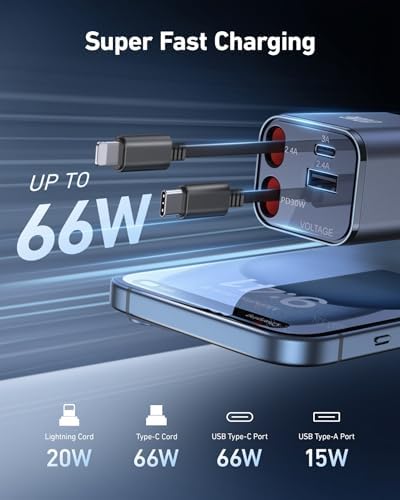 Retractable Fast i Phone Car Charger – 4-in-1 Cigarette Lighter Adapter with Dual 30-Inch Cables & 2 USB Ports, Compatible with i Phone 16/15/14/13/Pro – Ultimate Multi-Device Charging Solution for Road Trips & Daily Use – Perfect Gift for Tech-Savvy Travelers