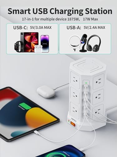 High-Capacity Surge Protector Power Tower with 12 AC Outlets & 5 USB Ports Including Dual USB-C – 6.5 FT Flat Extension Cord for Optimal Placement – 1875 W/15 A Performance and 1700 J Surge Protection for Home, Office, or Dorm Use