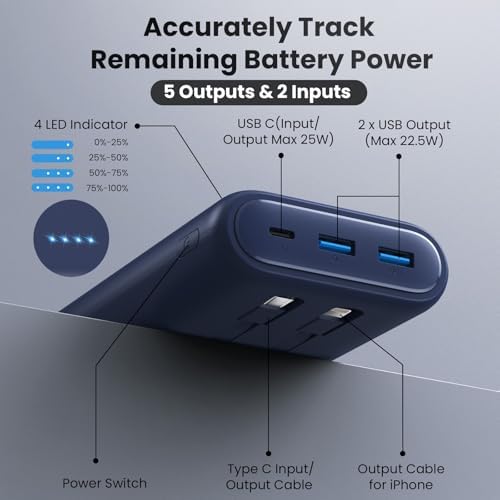 Ultra-High Capacity 40,800 m Ah Power Bank with 25 W Fast Charging – Dual Built-in Cables & 5 Outputs for Quick Device Charging – Compatible with i Phone 16/15 & Android – Sleek Blue Portable Charger for On-the-Go Power Solutions