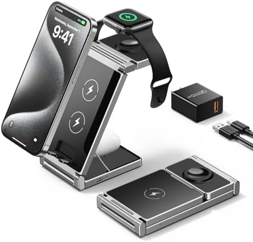 Hohosb Foldable 3-in-1 Magnetic Wireless Charger Station – Premium Zinc Alloy Design for i Phone 15/14/13/12, Air Pods Pro/3/2, and Apple Watch – Mag Safe Compatible, Fast Charging, and Travel-Friendly Solution for All Your Devices (Blue)