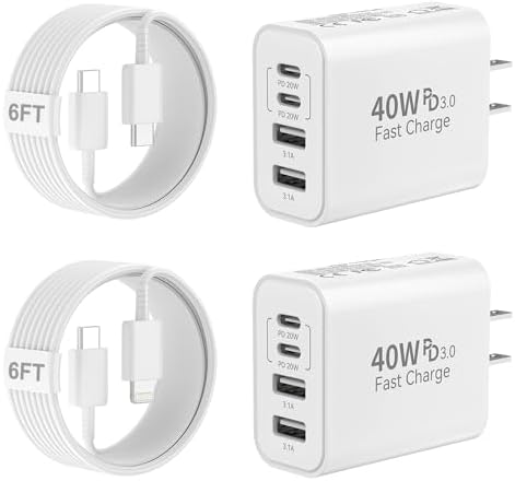 40 W Compact 4-Port USB C Charger Block – Dual PD & QC Fast Charging Adapter with USB C to C Cables for i Phone 15 & Samsung Galaxy S24 – Ultimate Power Solution for Home, Office, and Travel Efficiency