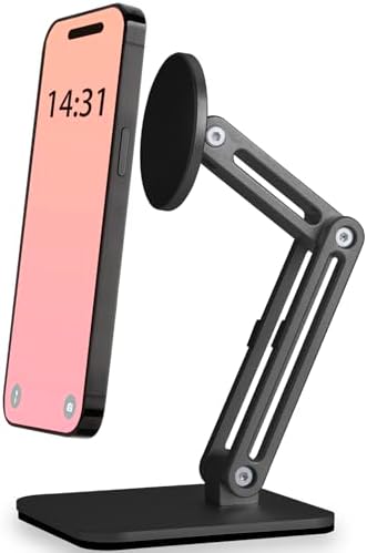 Magnetic Phone Stand for Desk, Heightened & Adjustable & Foldable Metal Magnetic Phone Holder Stand for Desk/Office/Home, Compatible with Magsafe Case/iPhone 15/14/13/12 Series (Black) – Enhanced Compatibility and Speed