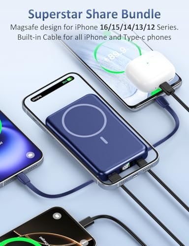 Magnetic 10000 m Ah Portable Power Bank with Built-in Cable – 5-in-1 Fast Charger for i Phone 16/15/14/13 Pro/Pro Max & Samsung – Ultimate Compatibility & Quick Charging Solution for On-the-Go Users