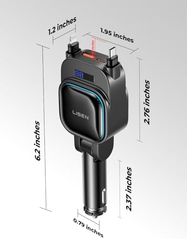 LISEN 2025 Upgraded 96 W Fast Charging Retractable Car Charger – 4-in-1 USB-C & Multi-Port Accessory for i Phone 16/15/14 – Sleek Jet Black Design with Enhanced Compatibility for Effortless On-the-Go Charging