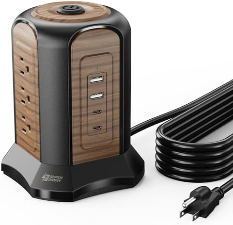 Maximize Your Charging Efficiency with the SUPERDANNY Power Strip Tower Surge Protector – 9 Outlets & 4 USB Ports, 10 Ft Extension Cord, 1080 Joules Surge Protection, Grounded Safety Design for Home and Office Use – Stylish Black Desktop Charging Station for Clutter-Free Solutions