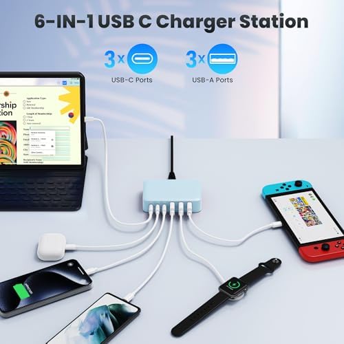 108 W Pink Ga N III USB C Charging Hub – 6-Port Fast Charger for i Phone 15 Pro, Samsung & More – Quick Charge & Power Delivery Compatible – Stylish Multi-Device Power Station with Intelligent Safety Features – Ideal for Home, Office & Travel Use