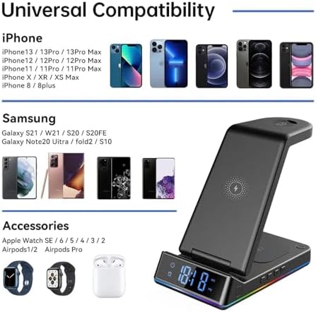 Revolutionary STC 5-in-1 Wireless Charging Station with Integrated Clock, Alarm, and Soothing Night Light – 15 W Qi Fast Charging for i Phone, Air Pods, and Apple Watch – Ultimate Space-Saving Solution for Modern Tech Enthusiasts