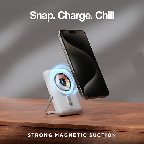 10,000 m Ah Magnetic Power Bank with Metal Kickstand, Ultra-Fast 20 W Charging, LED Battery Indicator, USB-C & Mag Safe Compatibility – Ideal for i Phone 15/14/13/12 Pro Series and Android Devices, Lightweight Design for On-the-Go Convenience