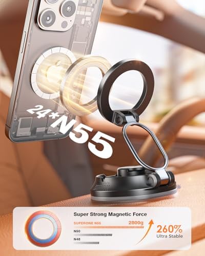 SUPERONE for Magsafe Car Mount [88LBS Powerful Suction] Magnetic Phone Holder for Car Dash Windshield, Suction Cup Phone Mount for iPhone 16 Pro Max Plus 15 14 13 12/Magsafe Case/All Car Models – Enhanced Compatibility and Speed