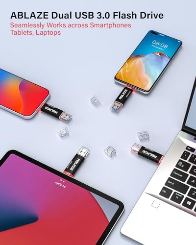 ABLAZE 128 GB Dual USB C Flash Drive 2 Pack – Ultra-Fast USB 3.0 & Type C Compatibility for i Phone 16/15, Android Devices, Laptops & Tablets – Perfect for On-the-Go File Transfers and Data Storage Solutions