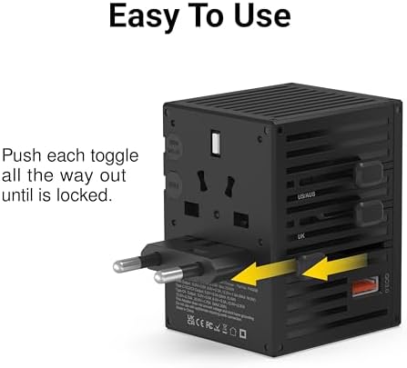 EZQuest 35 W Ga N 5-Port Universal Travel Charger – Compact International Adapter with 4 Plug Types (US/UK/EU/AU) for Global Use – 4 USB-C & 1 USB-A Ports with PD Fast Charging – Lightweight Black Design for Effortless Portability and Device Protection