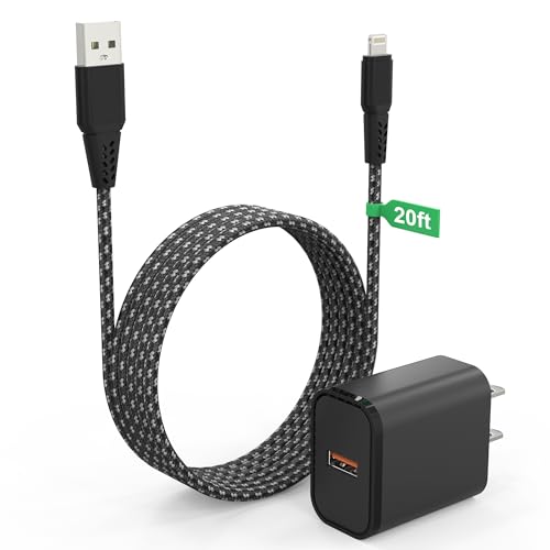 Ultra-Durable 20 FT MFi Certified i Phone Charger Cord with QC 18 W Wall Plug – Fast Charging Braided USB to Lightning Cable for i Phone 14/13/12/11 & i Pad – Extended Length for Maximum Flexibility and Safe Performance
