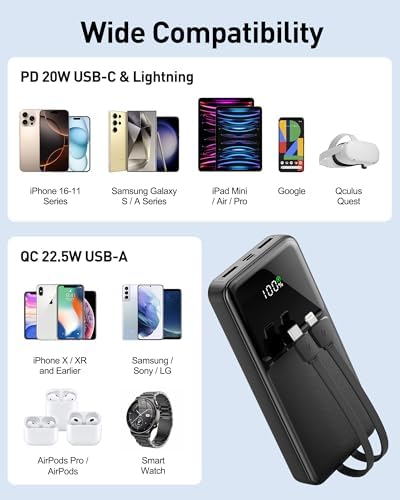 26800 m Ah High-Capacity Portable Fast Charger with Built-in Cables – 22.5 W Power Bank Featuring PD 3.0 & QC 4.0, LED Display for Real-Time Power Monitoring, Ultimate Travel Essential for i Phone, Samsung, Google Devices – Multi-Device Charging with Safety Protections and Universal Compatibility