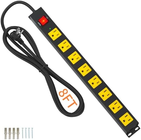 10 FT Heavy Duty 8 Outlet Surge Protector Power Strip with Wall Mount Capability – 2100 Joules of Protection for Home, Office, Garage and Workshop – Versatile, Space-Saving Design with Wide Spaced Outlets for Large Plugs and Electronics