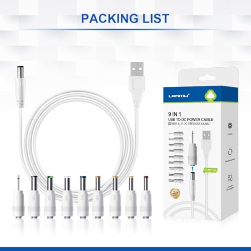 LANMU USB to DC Power Cable, DC 5V Power Cord 5.5 2.1mm Jack Charging Cable with 14 Interchangeable Plugs Addapters for 5V Devices – Enhanced Compatibility and Speed