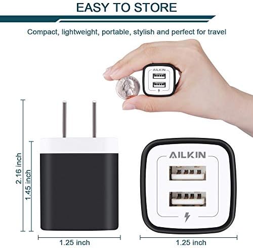 AILKIN 3-Pack Dual USB 5 V/2.1 A Wall Charger – Fast Charging Power Adapter for i Phone 15, Samsung Galaxy, Google Pixel – Compact Travel-Friendly Design with Enhanced Compatibility and Safety Features