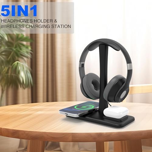 Multifunctional 5 in 1 Headphone Stand & 15 W Fast Wireless Charging Station – Sleek Organizer for i Phone 15/14/13/12/11/XS/XR/X & Air Pods 3/2/Pro/2 – Optimal Desk Solution for Gamers and Professionals – Durable, Clutter-Free Design in Elegant White