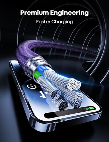 Purple 20ft USB C to USB C Cable, 60W Fast Charge, Durable Double Nylon Braided Type C to C Charger for iPhone 16/15 Series, iPad Pro, MacBook, Samsung Galaxy S24/S23 – Enhanced Compatibility and Speed