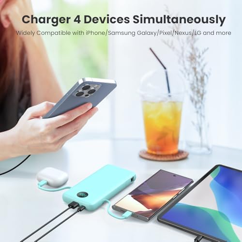 Ultimate USB C Power Bank with Dual Built-in Cables & AC Wall Plug – 13,800 m Ah Fast Charging Powerhouse for i Phone 16/15, Galaxy S23, Tablets – Compact LED Display, Universal Compatibility for On-the-Go Power Solutions