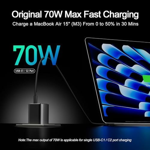 Ultra-Compact 70 W USB-C Fast Charger Block – 3-Port Charging Hub for Mac Book, i Pad, i Phone & Galaxy Devices – 45 W PPS Technology, Foldable Design for Travel, High Efficiency & Device Safety – Perfect for Charging Multiple Devices Simultaneously