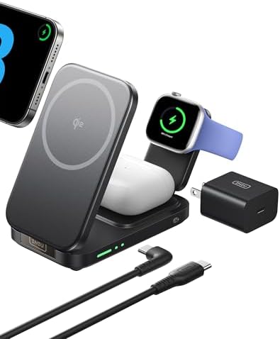 Ultimate INIU 3-in-1 Magnetic Wireless Charging Station for Apple Devices – 15 W Fast Charger for i Phone 16 Pro Max, 15, 14, 13, 12, Compatible with Apple Watch Series 10/9/8/SE/Ultra & Air Pods 4/3/2/Pro – Travel-Friendly Foldable Design for Effortless Portability and Enhanced Device Compatibility