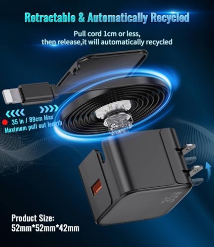 Rapid Charge 35 W Retractable Wall Charger with Built-In Cables – Cutting-Edge Gallium Nitride Technology for Swift Power Delivery to i Phone 14/13/12/11 Pro MAX/XR/XS/8/7 & i Pad – Compact & Travel-Friendly Design for Seamless Charging at Home, Office, or On-the-Go – Tangle-Free Convenience