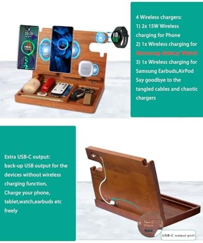 Premium Wood Desk Organizer with 4-in-1 Wireless Charging Station for Samsung Devices – 27 W Fast Charger for Dual Phones, Galaxy Watch Series, and TWS Accessories – Perfect Gift for Men and Dads Seeking Elegance and Efficiency