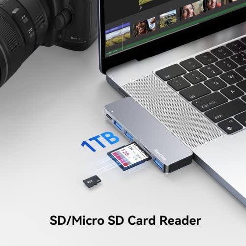Transform Your Mac Book Experience with Ray Cue 6-in-2 USB C Hub Adapter – Thunderbolt 3, 3 USB 3.0 Ports & SD/TF Card Reader for Seamless Connectivity Across 2019-2023 Models