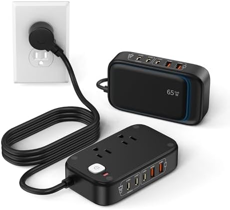 Ultimate 7-in-1 Power Strip with 65 W Ga N Technology | Flat Plug Design for Space-Saving | 3 USB-C & 2 USB-A Ports for Rapid Charging | 2500 W AC Outlet for Home, Office, College & Travel | Versatile Surge Protector for All Devices