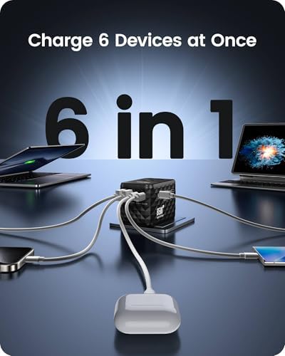 85 W Universal Travel Power Adapter with Retractable USB-C Cable – Optimal Fast Charging Hub for Global Use, Featuring 4 Ports for Seamless Connectivity in US, EU, UK & Beyond, Engineered for On-the-Go Professionals Seeking Efficiency and Versatility