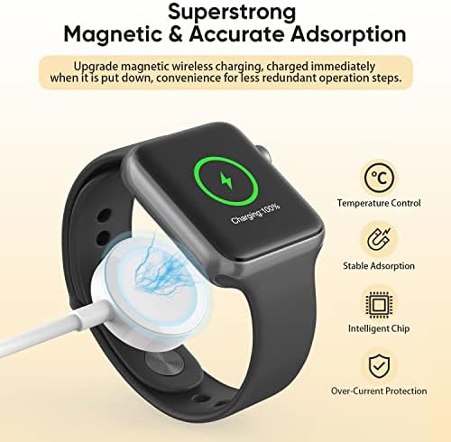 Ultimate 6.6 FT Wireless Fast Charging Cable for Apple Watch – Portable Charger with USB Wall Plug Adapter, Compatible with All Series Including 9/8/7/SE/6/5/4/3/2/1 – Enhanced Charging Speed and Flexibility for On-the-Go Power Solutions