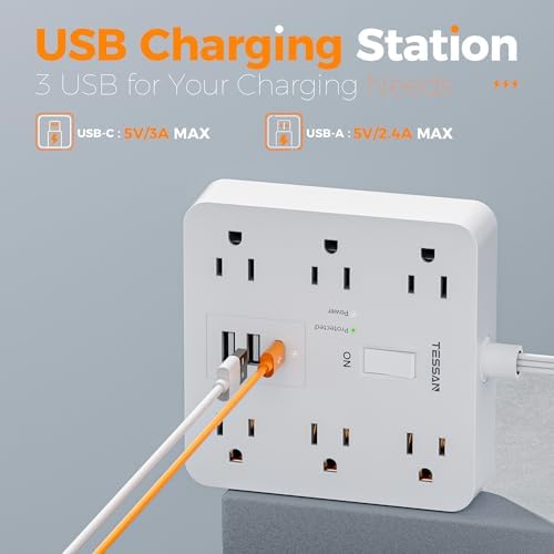 TESSAN 6-Outlet Black Surge Protector Power Strip with 3 USB Ports (1 USB-C) – 5 FT Flat Plug Extension Cord, 1700 Joules Surge Protection for Safe Charging in Home, Office & College Dorm – Compact and Versatile Multi-Device Charging Station