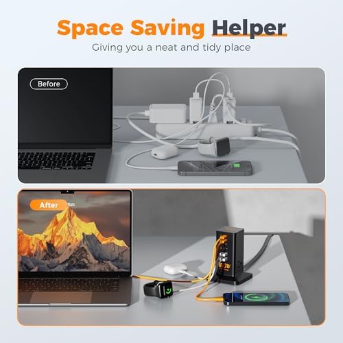 TESSAN 30 W 9-in-1 Multi-Device Charging Station with Surge Protection – Ultimate Charger Block for i Phone 16/15/14/13, Tablets, and Earphones – 5 ft Flat Extension Cord with 4 USB A & 2 USB C Ports – Compact Design for Home, Office, or Dorm – Enhanced Safety and Efficiency