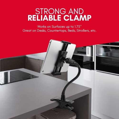 Innovative Macally Clip-On Tablet Holder | Adjustable Gooseneck Mount for Seamless i Pad, Kindle & Smartphone Use | Versatile Clamp Design for Bed, Desk, Stroller & Travel | Universal Fit with 360-Degree Rotation for Enhanced Viewing | Lightweight & Durable Tablet Stand for Effortless Mobility