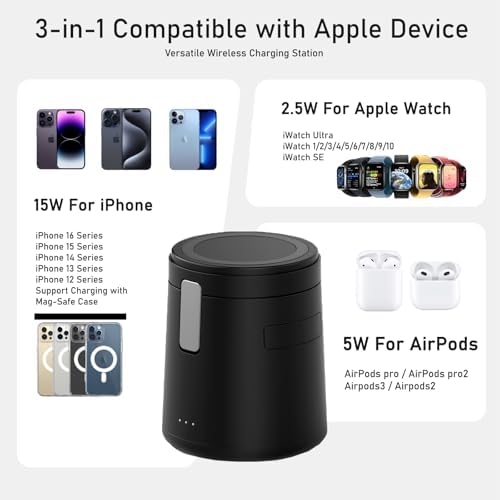 15 W Max Fast Charging 3-in-1 Wireless Charging Station for i Phone 16/15/14/13/12 Pro/Max/Plus – Magnetic Travel Charger for i Watch & Air Pods – Ultimate Compatibility & Speed for On-the-Go Power Solutions