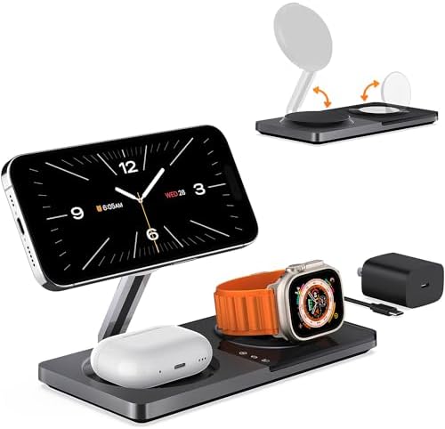 Ultimate 3-in-1 Wireless Charging Station for Apple Devices – Fast Mag Safe Charger for i Phone 12-16, Air Pods & Apple Watch with Foldable Stand – Travel-Friendly, Space-Saving Solution for Home & Office Decor