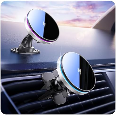 Experience Ultimate Driving Convenience with the Beser Mag Safe Car Mount Charger – 15 W Qi Wireless Charging for i Phone 15/14/13/12 Series, Powerful 4.13 lbf Magnetic Hold, Multi-Purpose Dashboard/Vent Phone Holder, Customizable 7-Color LED Lights, Premium Aluminum Design in Sleek Silver Finish