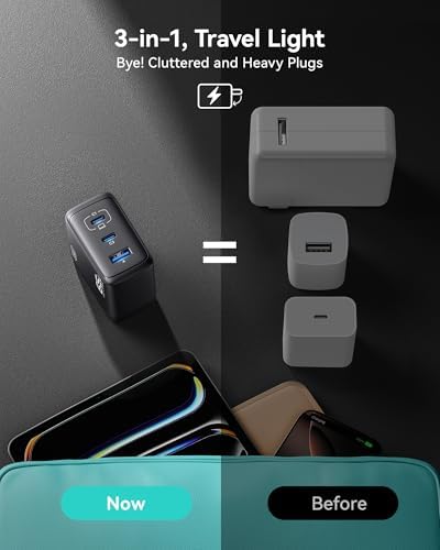 INIU 3-Port USB C Charger Block – 65 W PD Fast Charging Wall Adapter with Compact Foldable Plug, Ga N Technology for Ultimate Efficiency – Multi-Device Compatibility for Mac Book Pro/Air, i Phone 16, Samsung S25, i Pad Pro & More – Travel-Friendly Design for Rapid Power Delivery