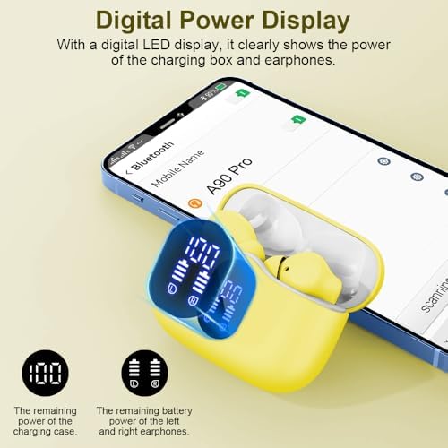 Btootos Ultra-Durable Bluetooth 5.4 Wireless Earbuds – Immersive Bass Sound with Noise-Cancelling Mic, IP7 Waterproof Design for Active Lifestyles, 36-Hour Playtime with LED Battery Display, Bold Yellow for a Striking Audio Experience