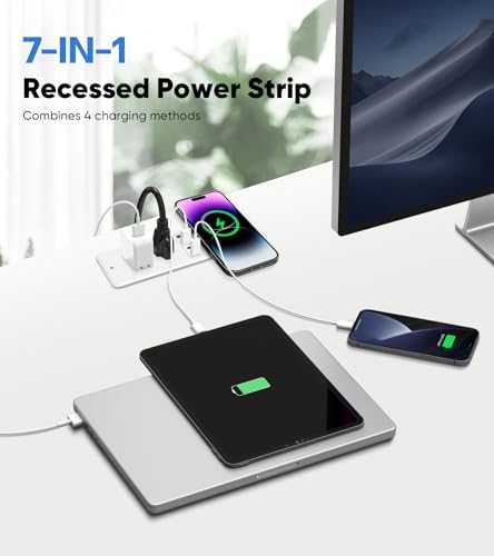 Revolutionary 20 W Recessed Power Strip with 15 W Wireless Charger – Ultimate Flush Mount Charging Solution Featuring 4 USB Ports (2 USB-C) for Enhanced Device Compatibility, Ideal for Home and Office Setup with 6 FT Cable and Built-In Surge Protection