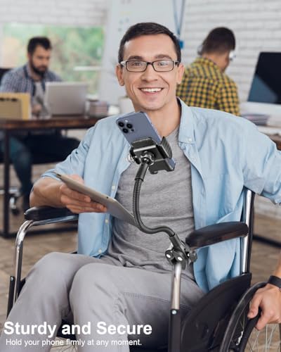Ultimate Versatile Gooseneck Smartphone Holder for Wheelchairs, Strollers, and Golf Carts – Adjustable Clamp for i Phone & Android Devices – Hands-Free Convenience for Active Lifestyles and Indoor Cycling Enthusiasts