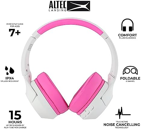 Altec Lansing Kid-Safe Wireless Headphones – Active Noise Cancellation for Children Aged 7+, 85 d B Volume Limiting, 15-Hour Battery Life, Ergonomic Foldable Design for Ultimate Comfort and Safety in Music, Movies, and Gaming