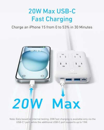 Anker 20 W Max 8-in-1 USB-C Power Strip: The Ultimate Fast Charging Station for i Phone 15/14 & Mac Book Air/Pro, Featuring 4 AC Outlets, 2 USB-A & 2 USB-C Ports, Ideal Travel & Office Desktop Charger with 5 ft Slim Cord for Enhanced Mobility and Compatibility