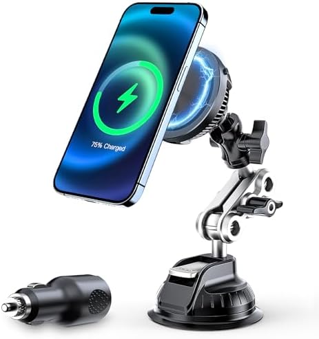 15 W Magnetic Wireless Car Charger Mount – Mag Safe-Compatible Phone Holder with 360° Adjustable Suction Cup & Sturdy Aluminum Alloy Arm for i Phone 16 Pro Max, 15, 14, 13, 12 – Quick Charge & Secure Magnetic Grip for Effortless Hands-Free Driving Experience