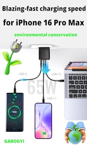 Ultra-Fast 65 W USB C Charger with Three Ports – Compact Ga N Wall Charger for i Phone 16 Pro Max, Mac Book, Galaxy S24, and More – Portable Foldable Design with USB-C Cable for Home, Office & Travel Needs